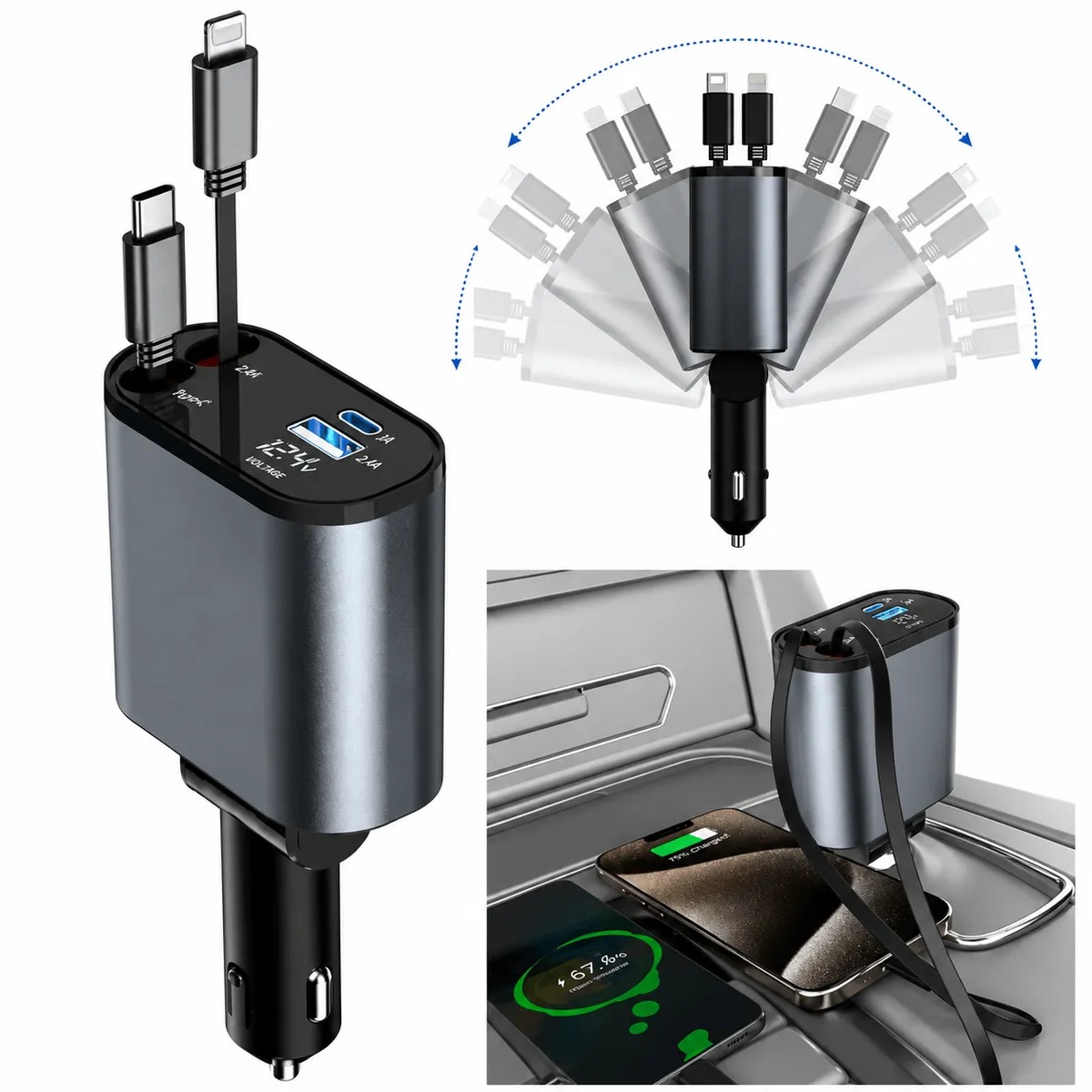 ADAPTADOR DE CARGA RAPIDA PARA AUTO 4 EN 1 CON CABLES RETRACTILES USB-C Y LIGHTNING, PANTALLA DIGITAL LED 120W - 1