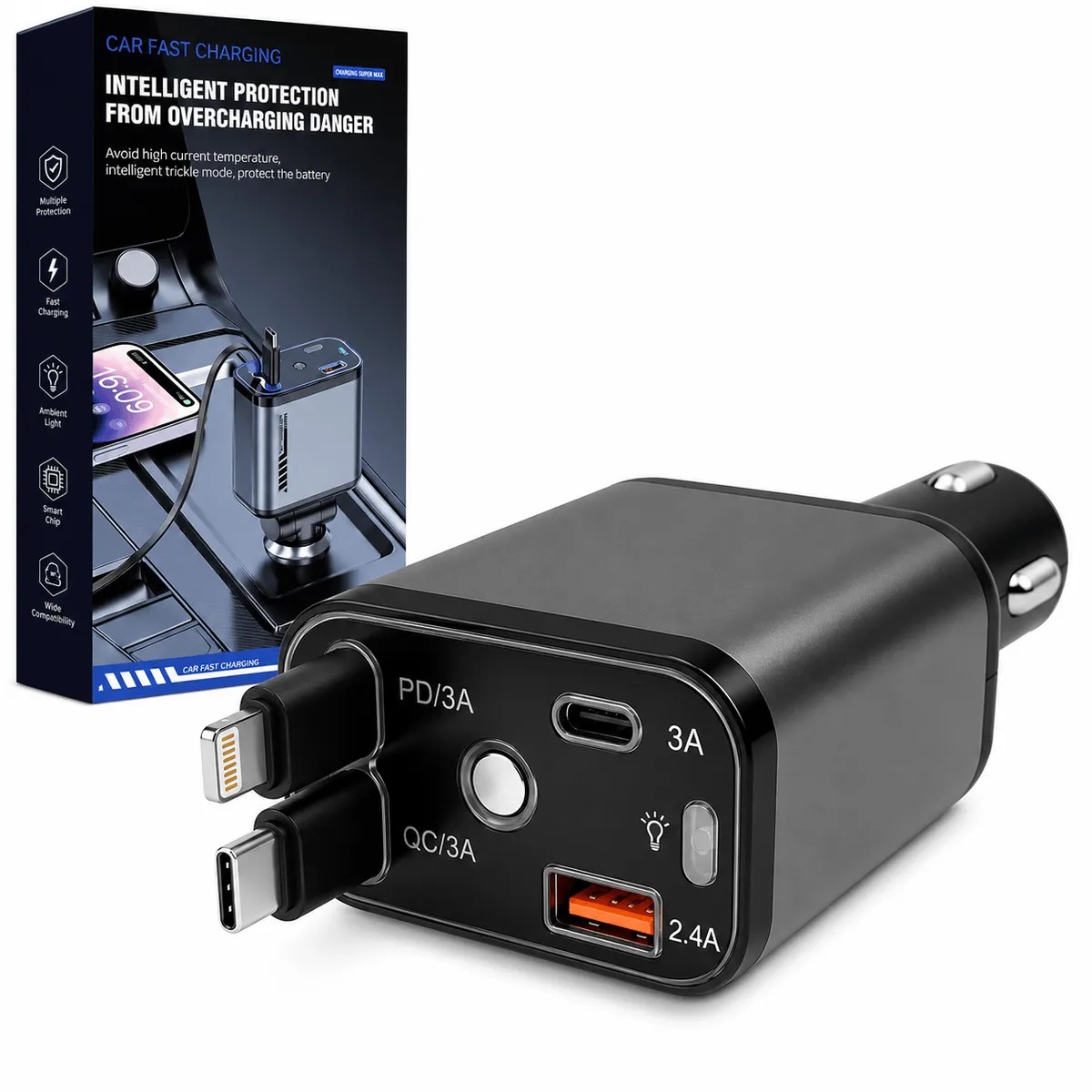 ADAPTADOR DE CARGA RAPIDA PARA AUTO 4 EN 1 CON CABLES RETRACTILES USB-C Y LIGHTNING, PANTALLA DIGITAL LED 120W - 3