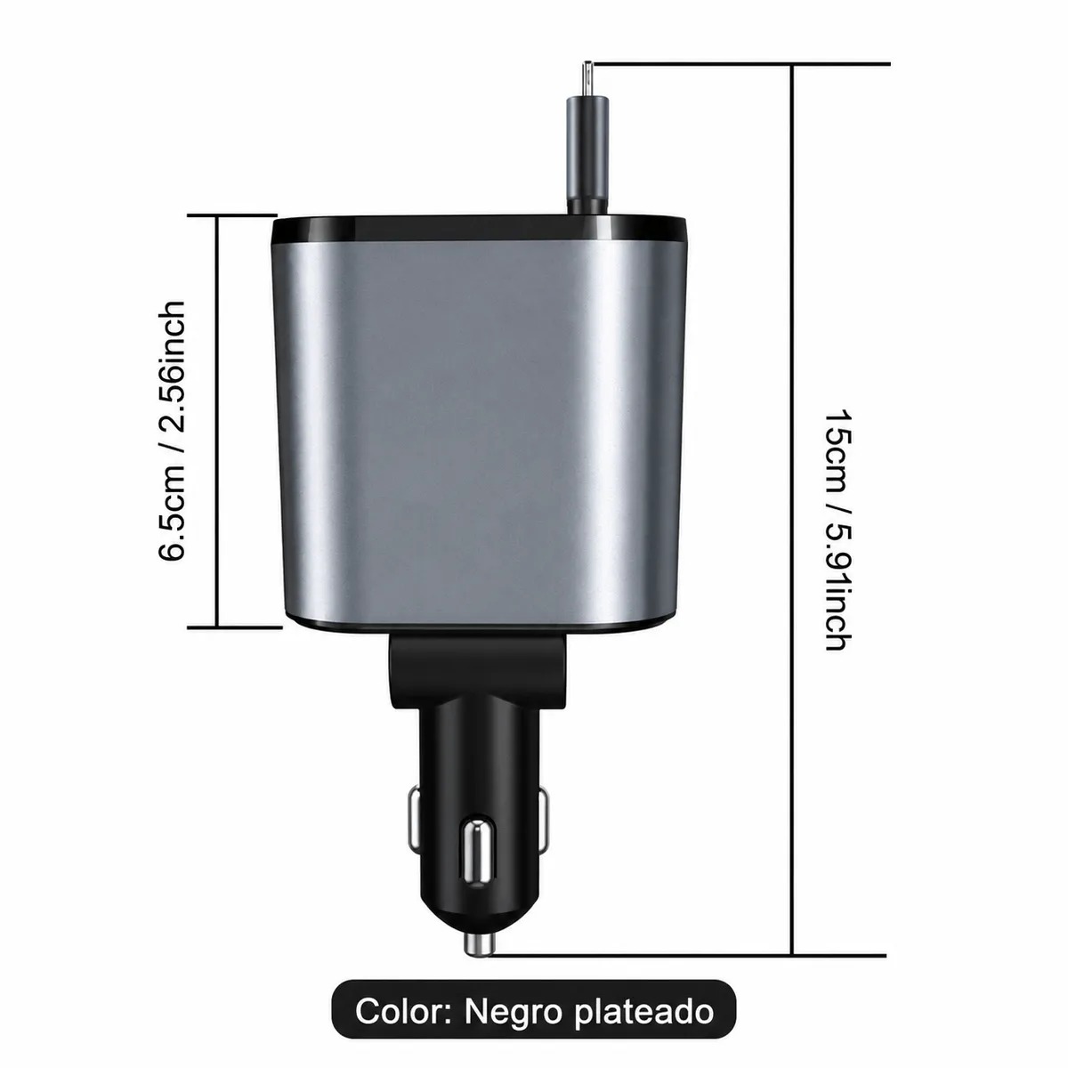 ADAPTADOR DE CARGA RAPIDA PARA AUTO 4 EN 1 CON CABLES RETRACTILES USB-C Y LIGHTNING, PANTALLA DIGITAL LED 120W - 6