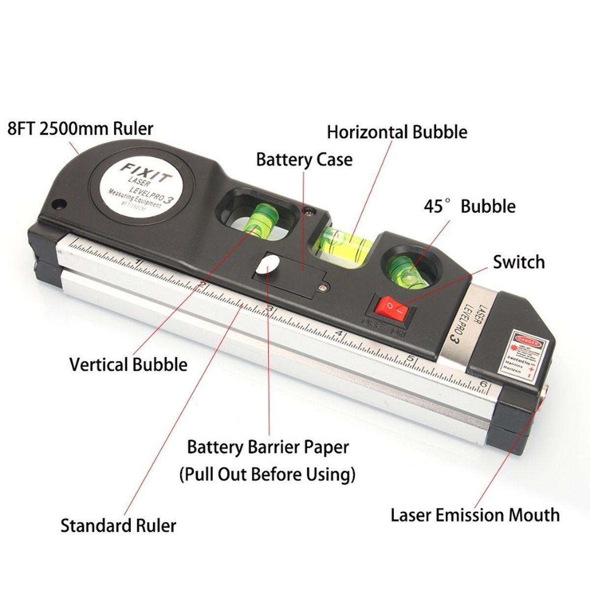 NIVEL LASER DUAL HORIZONTAL VERTICAL EN CAJA + BATERIAS + WINCHA 2.5 MT - 6