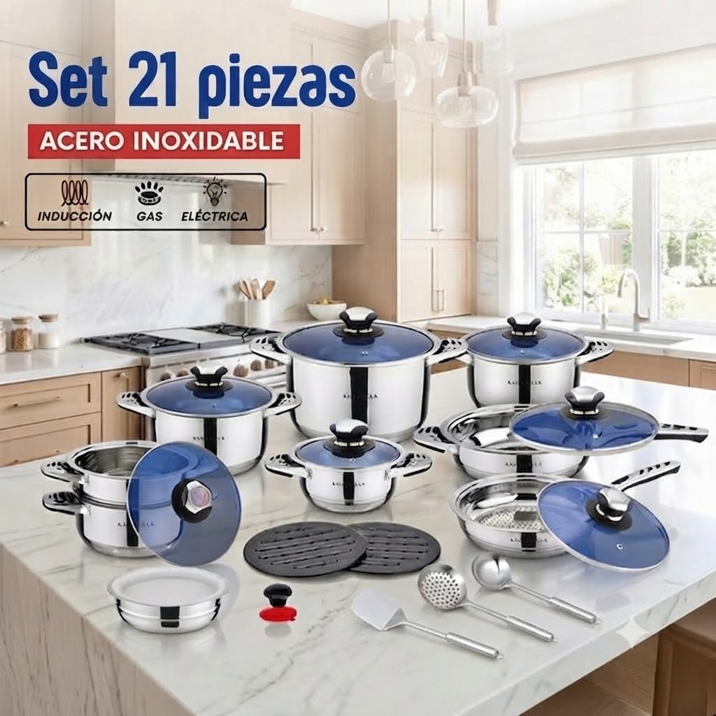 JUEGO DE OLLAS 21 PIEZAS ACERO INOXIDABLE 9 CAPAS KAISA VILLA KV-21G TAPA CON MEDIDOR DE TEMPERATURA - 1