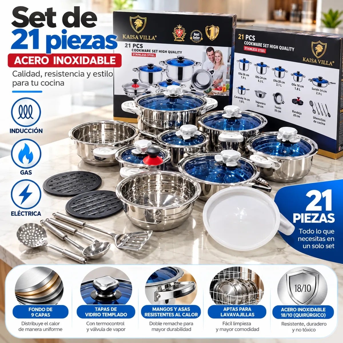 JUEGO DE OLLAS 21 PIEZAS ACERO INOXIDABLE 9 CAPAS KAISA VILLA KV-21G TAPA CON MEDIDOR DE TEMPERATURA - 1