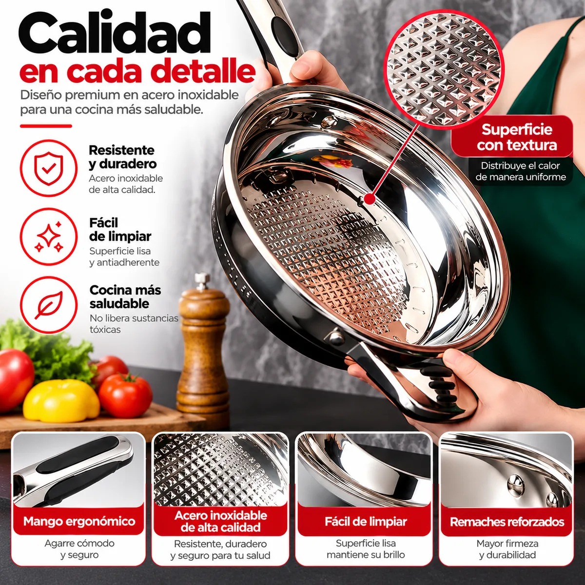 JUEGO DE OLLAS 21 PIEZAS ACERO INOXIDABLE 9 CAPAS KAISA VILLA KV-21G TAPA CON MEDIDOR DE TEMPERATURA - 3