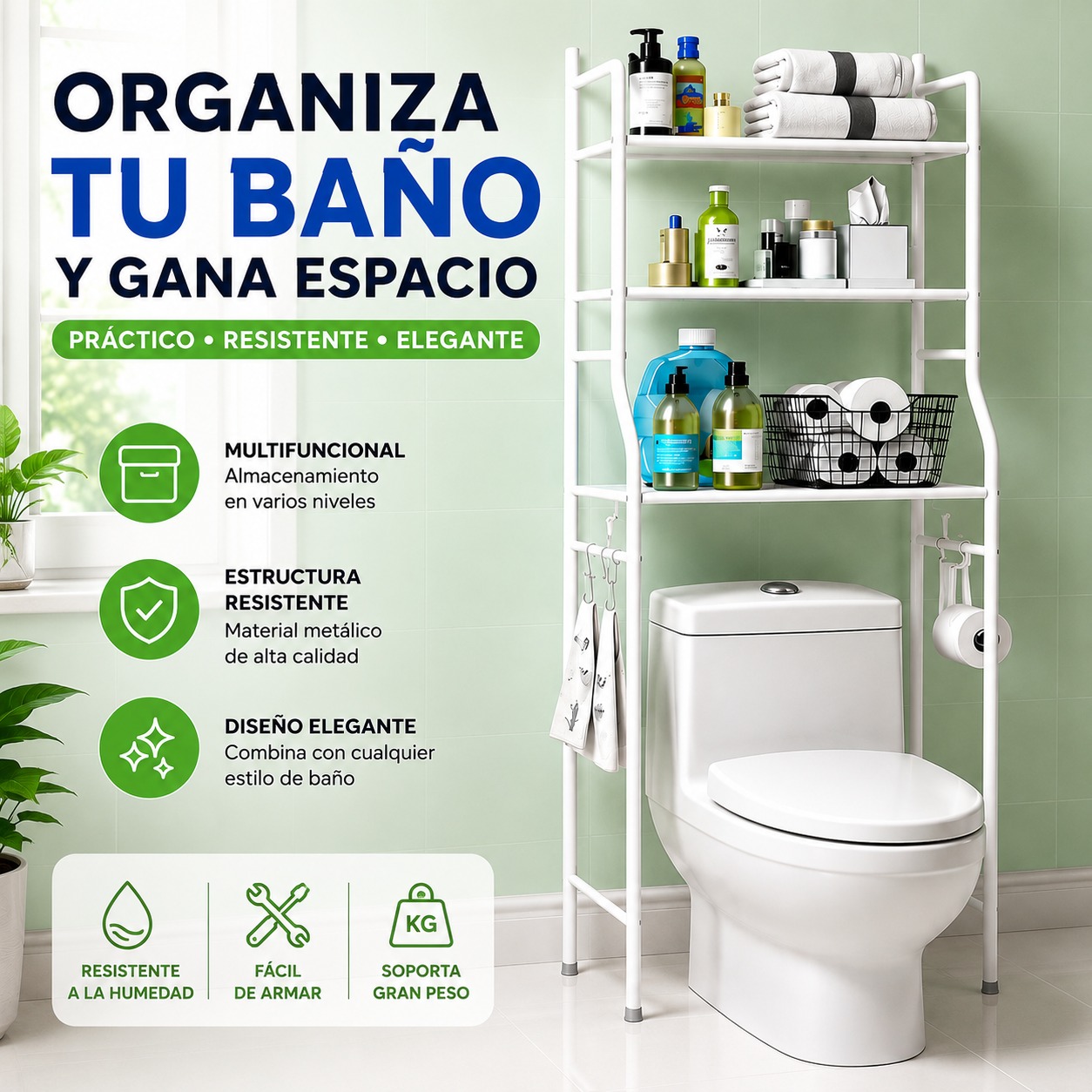 ESTANTE ORGANIZADOR MULTIFUNCIONAL 3 NIVELES CON GANCHOS LATERALES PARA BAÑO O LAVANDERIA/TM-0090 - 1