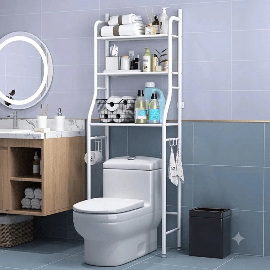 ESTANTE ORGANIZADOR MULTIFUNCIONAL 3 NIVELES CON GANCHOS LATERALES PARA BAÑO O LAVANDERIA/TM-0090 - 2