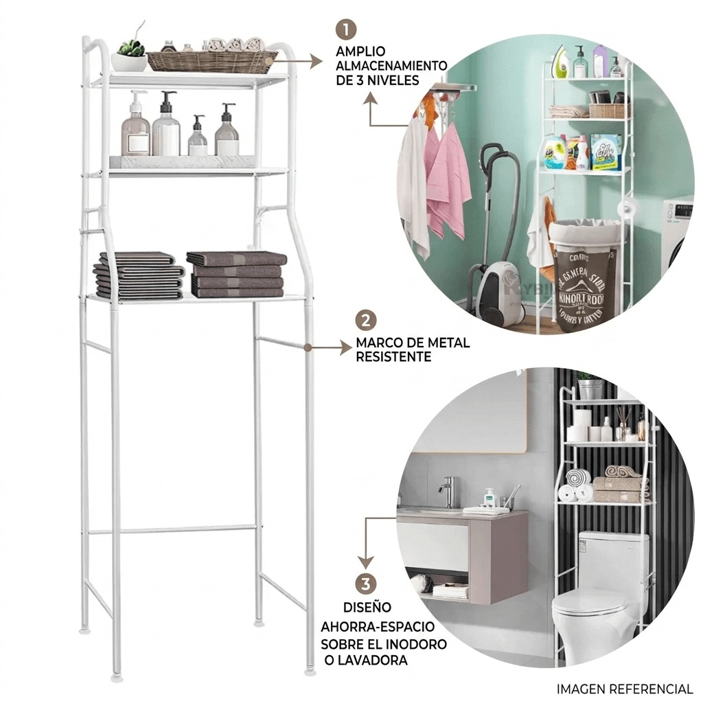 ESTANTE ORGANIZADOR MULTIFUNCIONAL 3 NIVELES CON GANCHOS LATERALES PARA BAÑO O LAVANDERIA/TM-0090 - 3