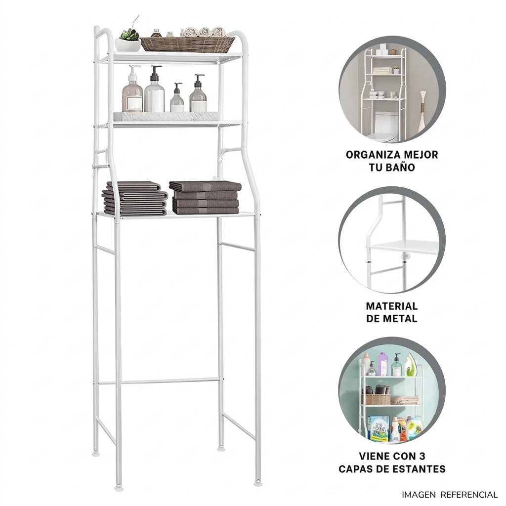 ESTANTE ORGANIZADOR MULTIFUNCIONAL 3 NIVELES CON GANCHOS LATERALES PARA BAÑO O LAVANDERIA/TM-0090 - 4