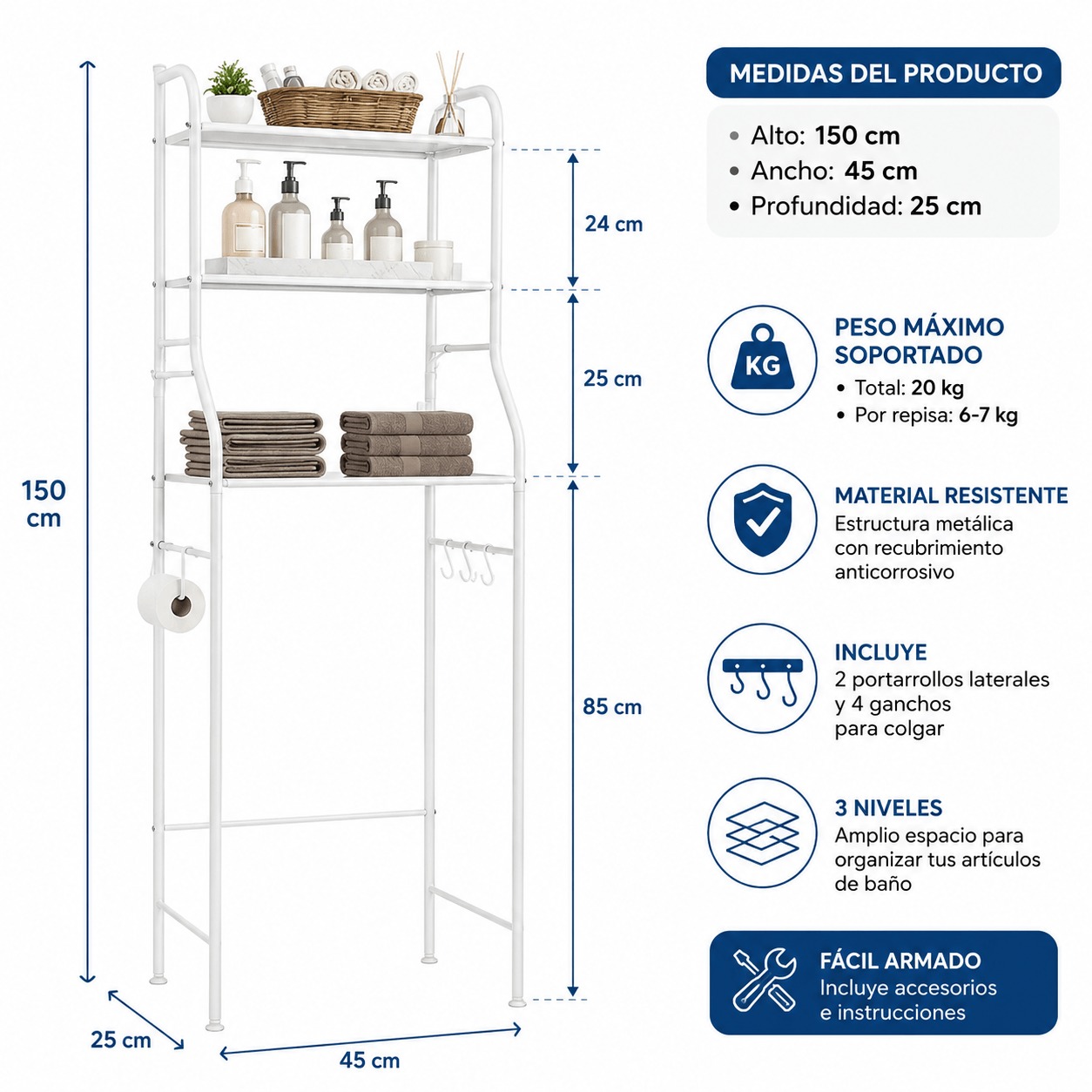 ESTANTE ORGANIZADOR MULTIFUNCIONAL 3 NIVELES CON GANCHOS LATERALES PARA BAÑO O LAVANDERIA/TM-0090 - 7