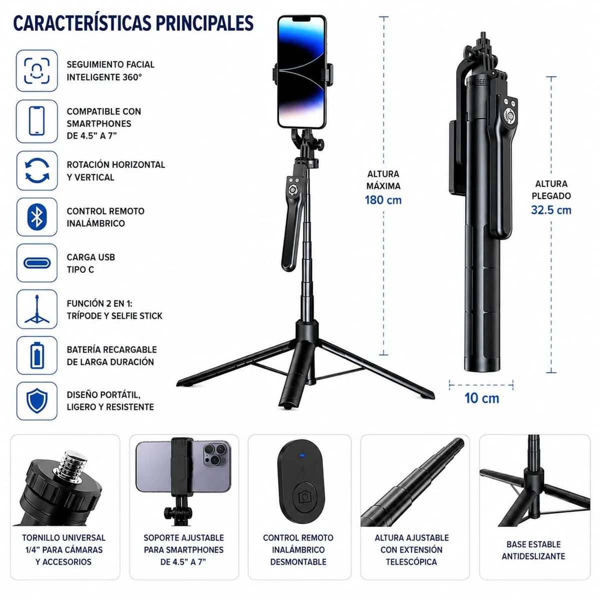 TRIPODE SELFIE STICK CON CONTROL REMOTO BLUETOOTH - 1