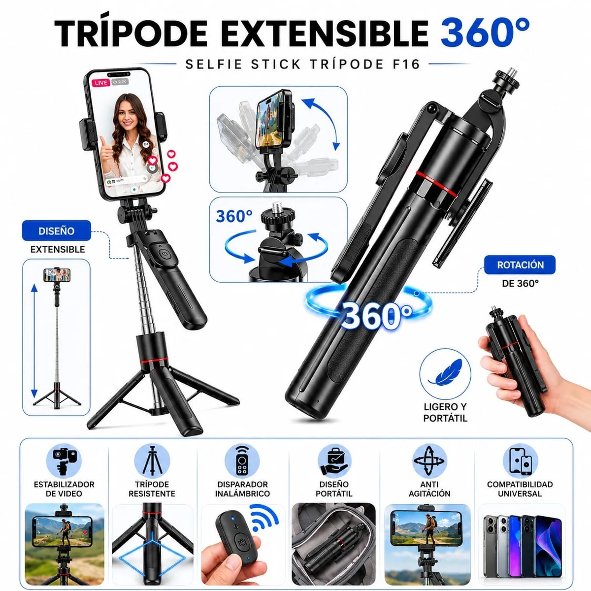 TRIPODE SELFIE STICK CON CONTROL REMOTO BLUETOOTH - 2