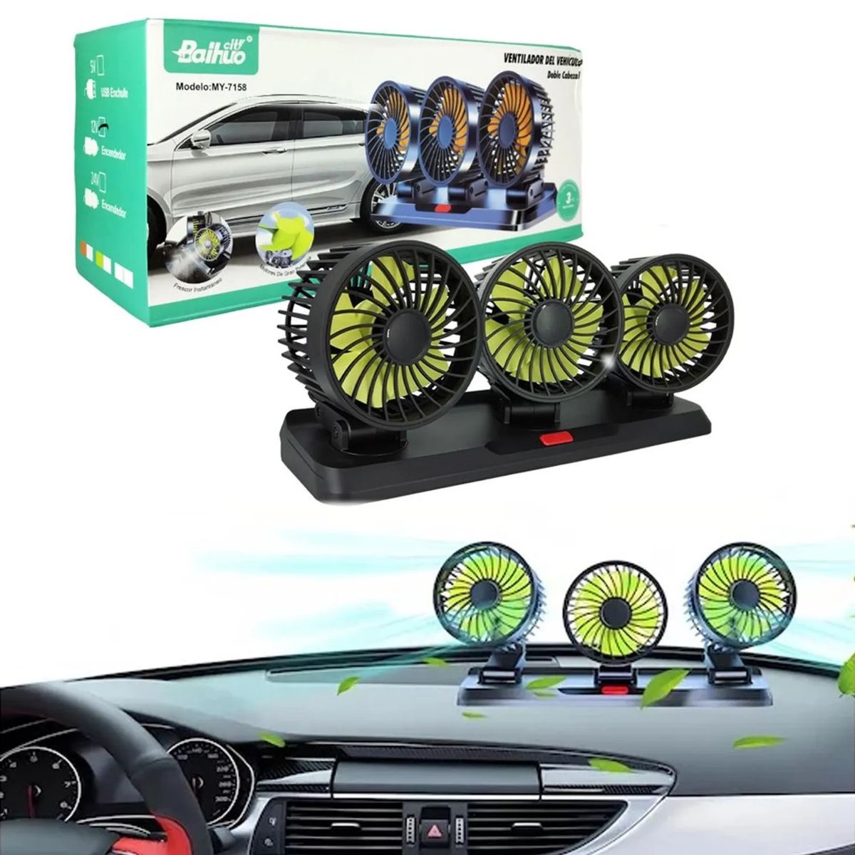 VENTILADOR DE VEHICULO 3 CABEZALES ENTRADA USB RECARGABLE MOD: MY-7158 - 1