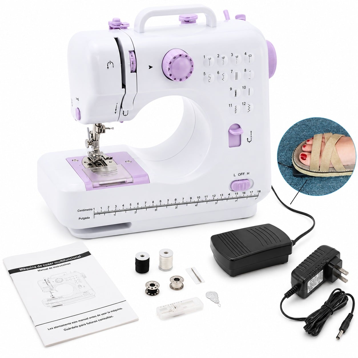 MINI MAQUINA DE COSER MULTIFUNCIONAL 12 PUNTADAS LUZ LED, PEDAL Y ADAPTADOR AC/DC - 5