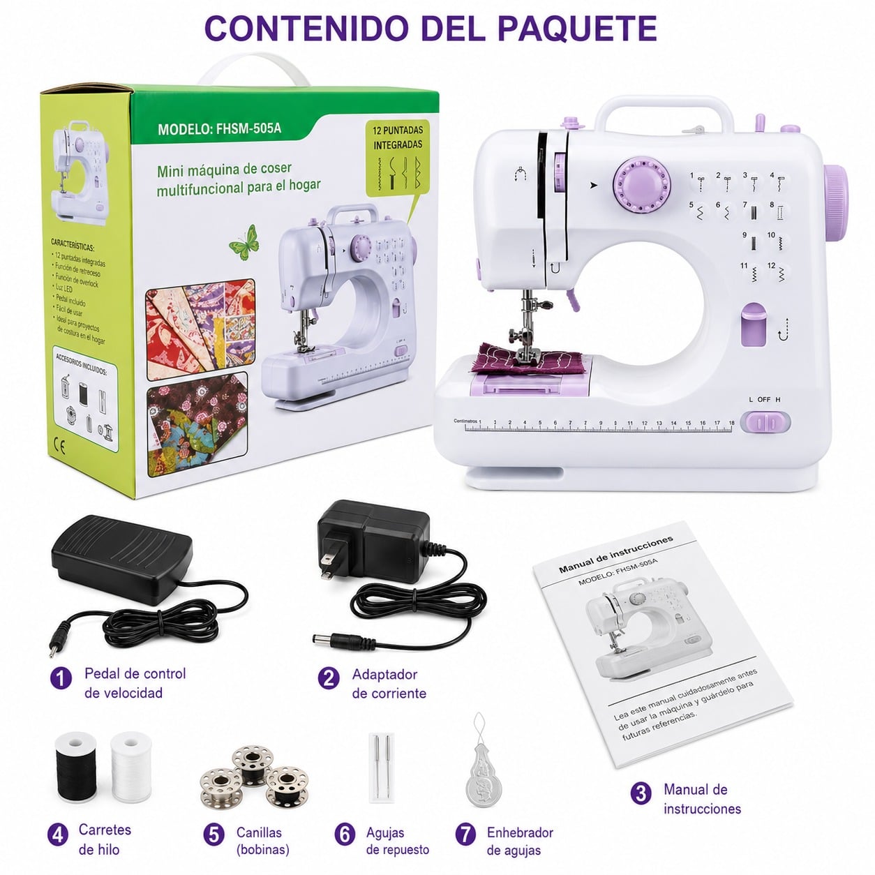 MINI MAQUINA DE COSER MULTIFUNCIONAL 12 PUNTADAS LUZ LED, PEDAL Y ADAPTADOR AC/DC - 1