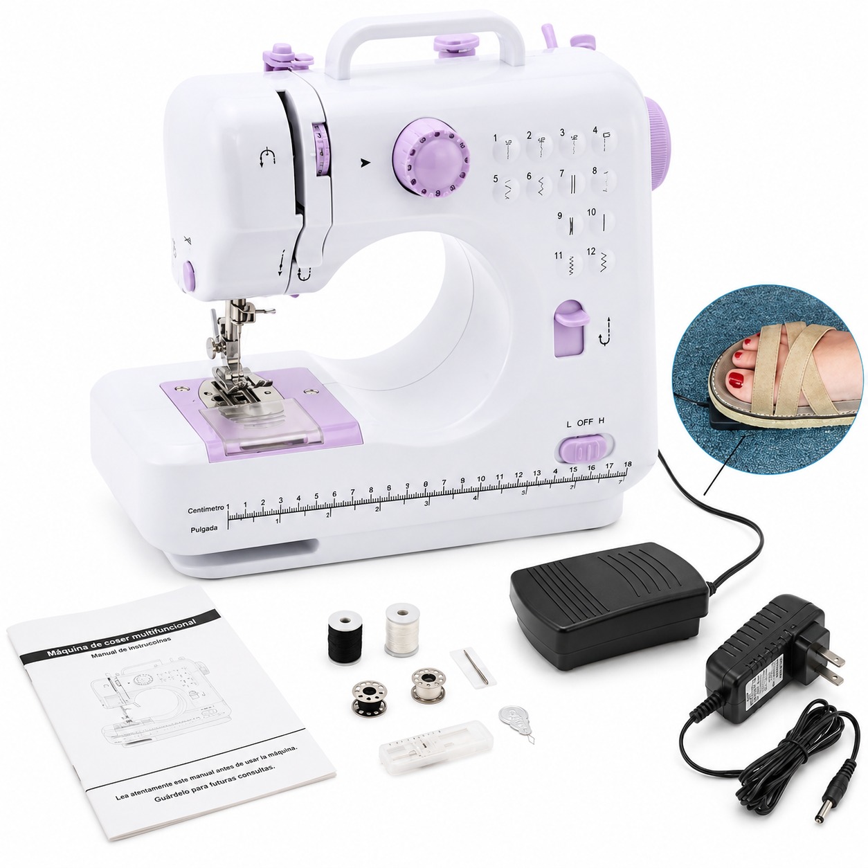 MINI MAQUINA DE COSER MULTIFUNCIONAL 12 PUNTADAS LUZ LED, PEDAL Y ADAPTADOR AC/DC - 5