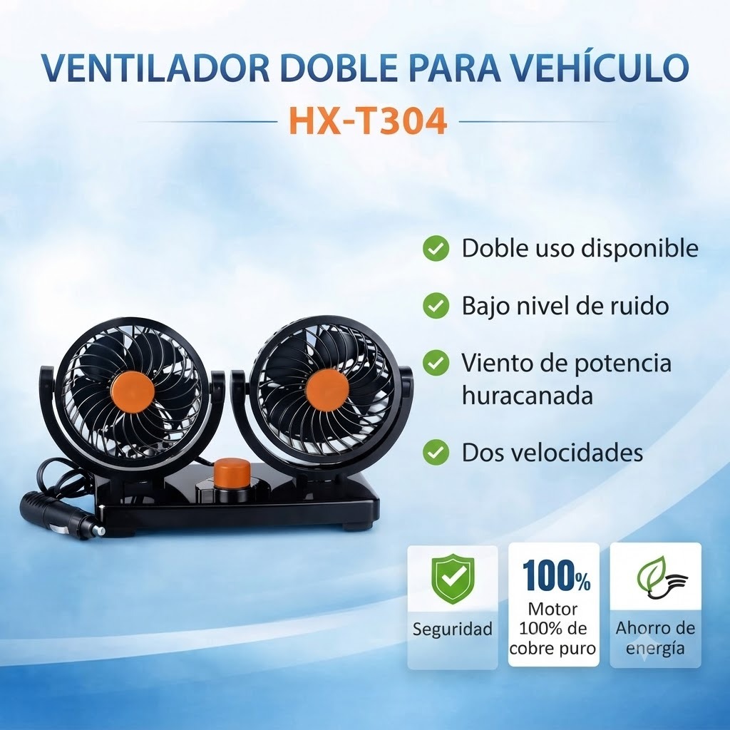 VENTILADOR DE VEHICULO 2 CABEZALES ENTRADA TIPO CIGARRILLO RECARGABLE COD HX-T304 - 2