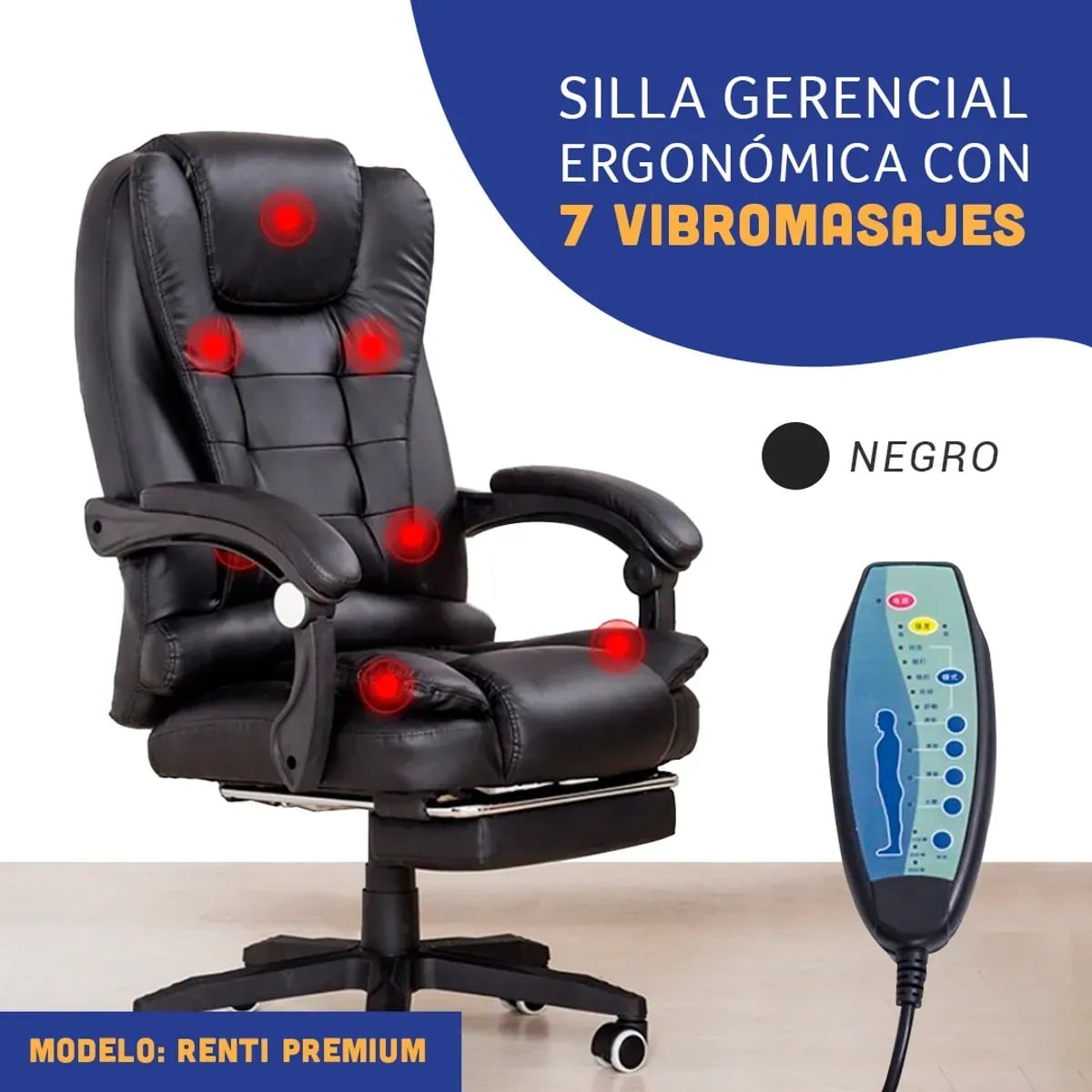 SILLON GERENCIAL CON 7 PUNTOS DE MASAJES, RECLINABLE, ERGONOMICO CON CONTROL REMOTO Y REPOSAPIES - NEGRO - 1