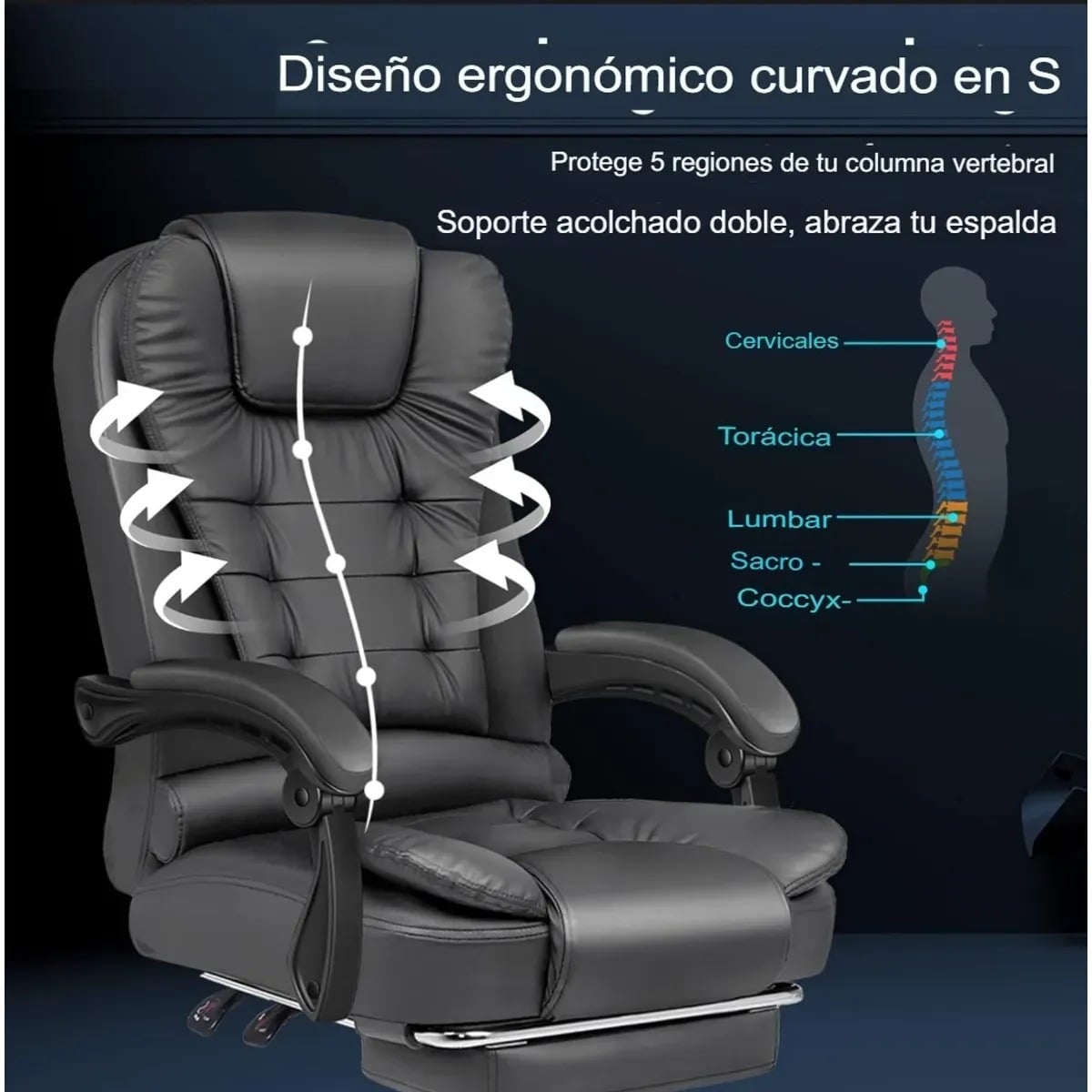 SILLON GERENCIAL CON 7 PUNTOS DE MASAJES, RECLINABLE, ERGONOMICO CON CONTROL REMOTO Y REPOSAPIES - NEGRO - 2