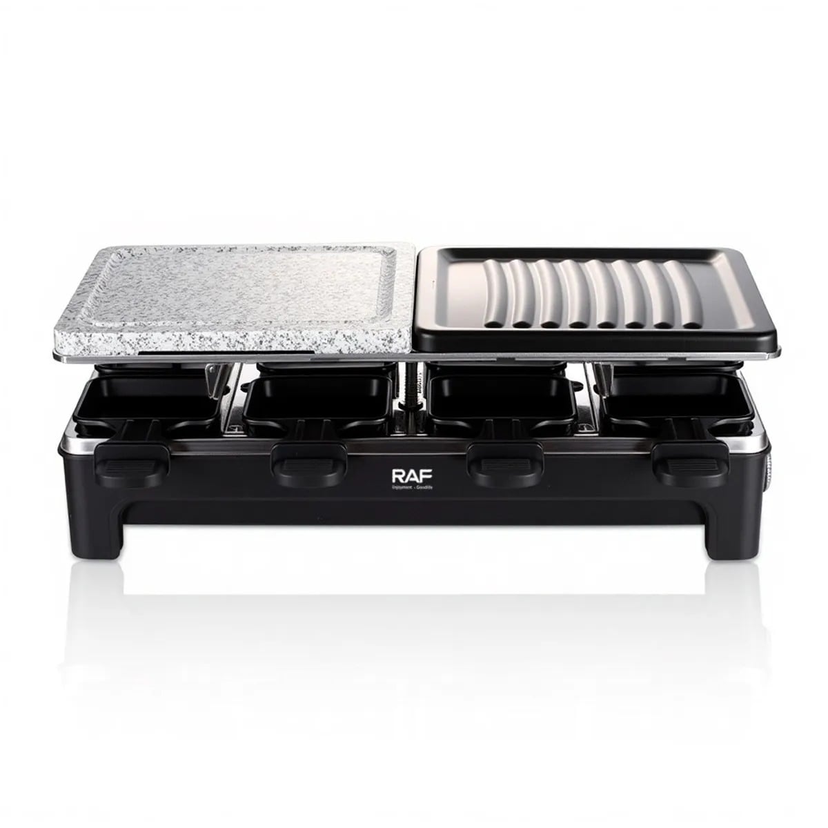 PARRILLA ELECTRICA MUTIFUNCIONAL CON PLANCHA DE PIEDRA Y MINI SARTENES 2 NIVELES RAF 1500W COD 5425 - 5