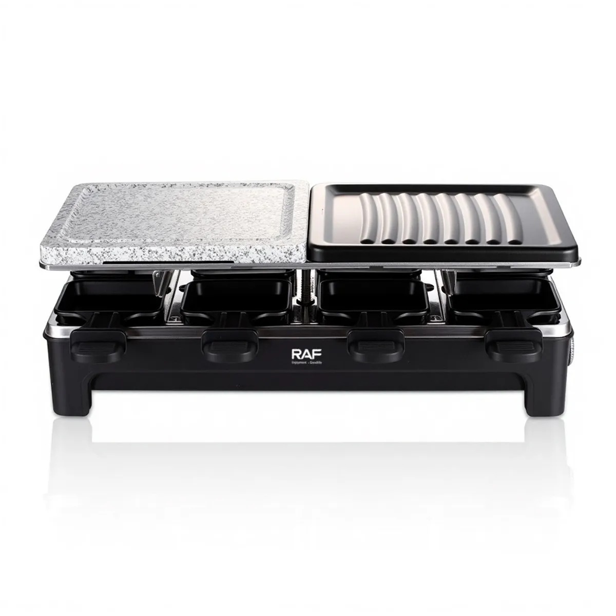 PARRILLA ELECTRICA MUTIFUNCIONAL CON PLANCHA DE PIEDRA Y MINI SARTENES 2 NIVELES RAF 1500W COD 5425 - 8