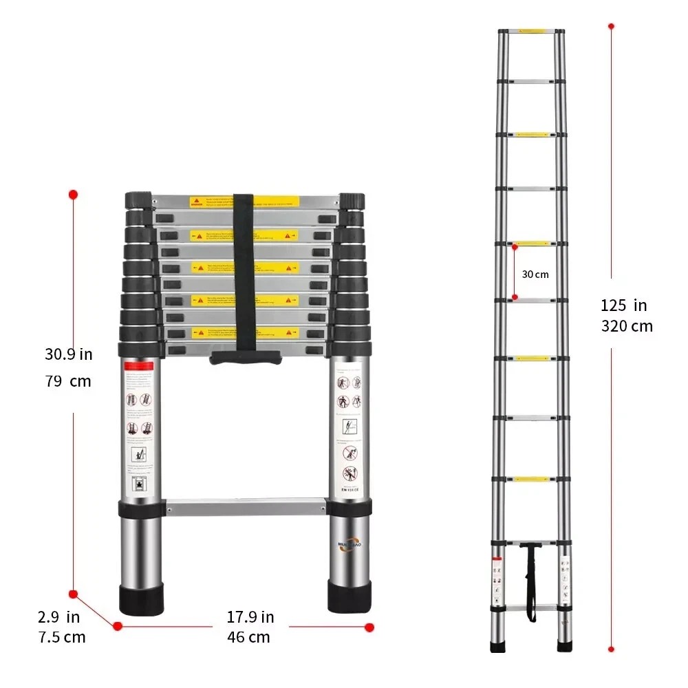 ESCALERA TELESCOPICA 3.2 METROS RETRACTIL PORTATIL CON ANTIDESLIZANTE 11 ESCALONES SOPORTA150 KG - 3