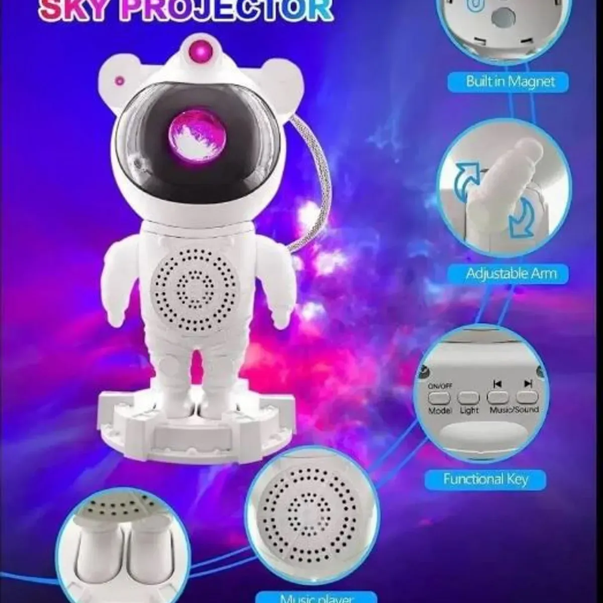 ASTRONAUTA PROYECTOR DE LUCES GALAXIA CON PARLANTE NEBULOSA - 5