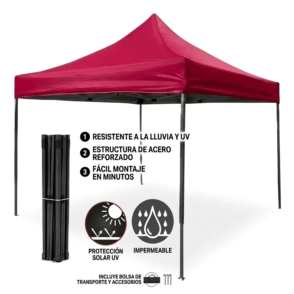 CARPA PARA JARDIN Y EXTERIOR CON TOLDO PLEGABLE DE LONA IMPERMEABLE 3X3 METROS COLOR ROJO - 2