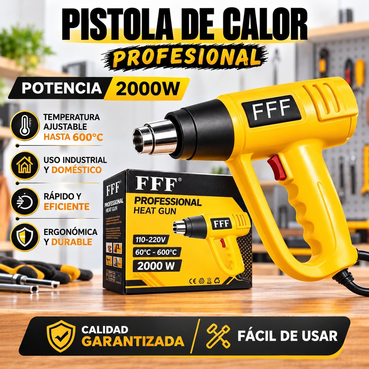 PISTOLA DE CALOR PROFESIONAL 2000W 60°C-600°C AMARILLA PARA QUITAR PINTURA, DOBLAR PVC FFF - 1