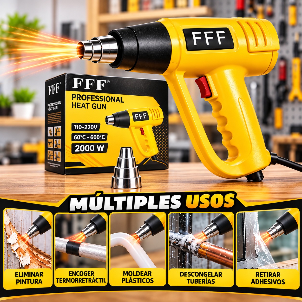 PISTOLA DE CALOR PROFESIONAL 2000W 60°C-600°C AMARILLA PARA QUITAR PINTURA, DOBLAR PVC FFF - 2