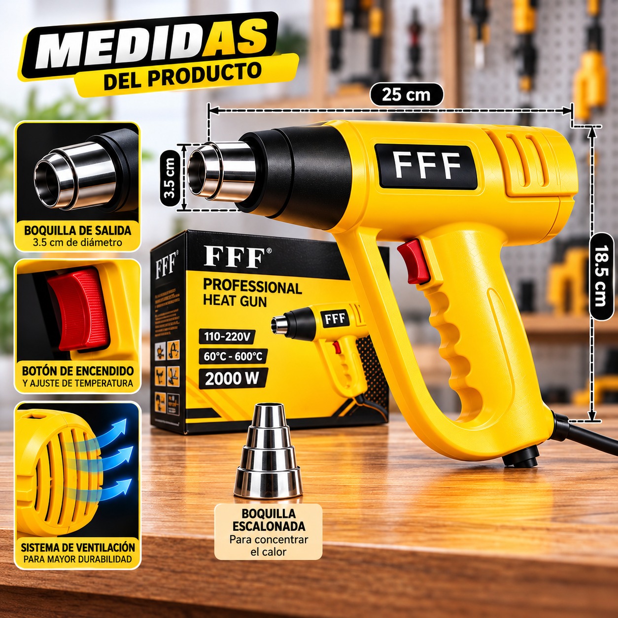 PISTOLA DE CALOR PROFESIONAL 2000W 60°C-600°C AMARILLA PARA QUITAR PINTURA, DOBLAR PVC FFF - 3