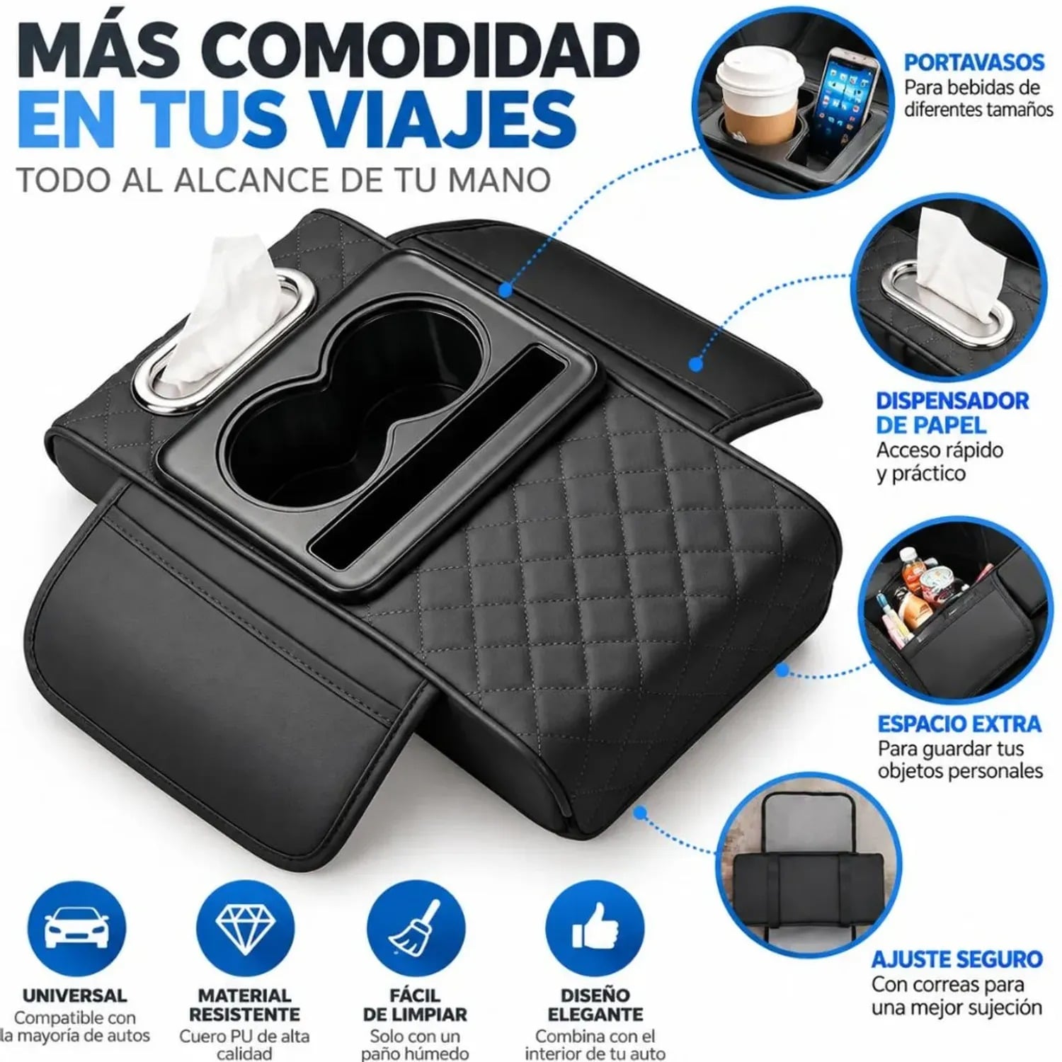 APOYABRAZOS PARA AUTO ORGANIZADOR MULTIFUNCIONAL CON PORTAVASOS PORTAPAÑUELOS Y PORTATELEFONO - 2