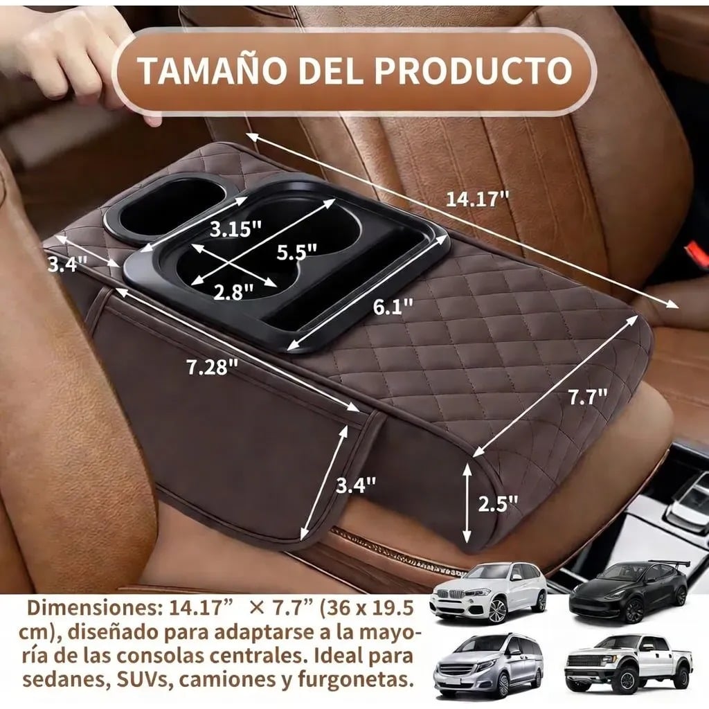 APOYABRAZOS PARA AUTO ORGANIZADOR MULTIFUNCIONAL CON PORTAVASOS PORTAPAÑUELOS Y PORTATELEFONO - 7