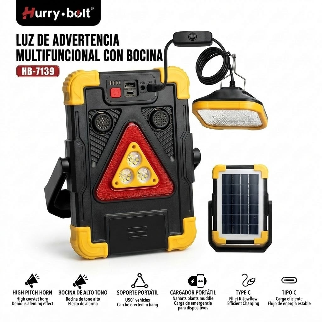 LUZ DE EMERGENCIA PARA AUTO CON FOCO MOVIBLE, CARGA SOLAR, SIRENA DE EMERGENCIA Y POWER BANK HB139 - 1
