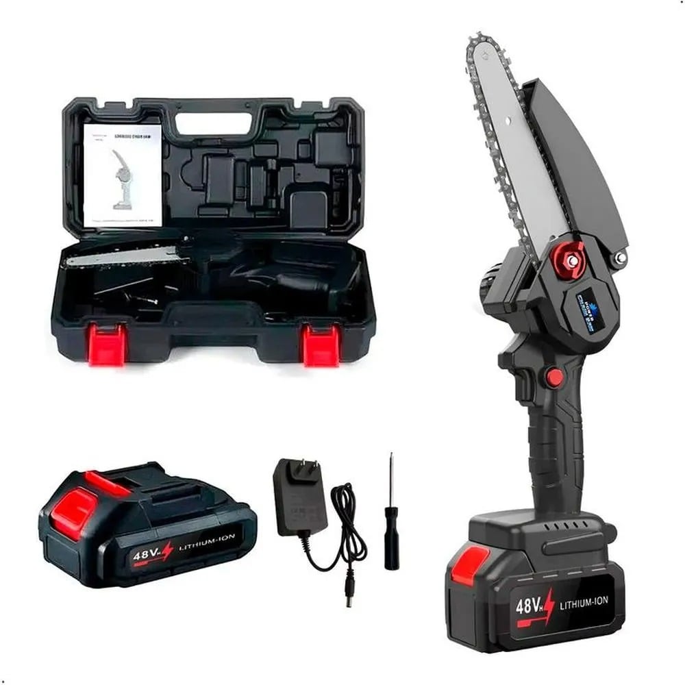 MINISIERRA A CADENA RECARGABLE INALAMBRICA DOBLE BATERIA 48V COLOR NEGRO - 1