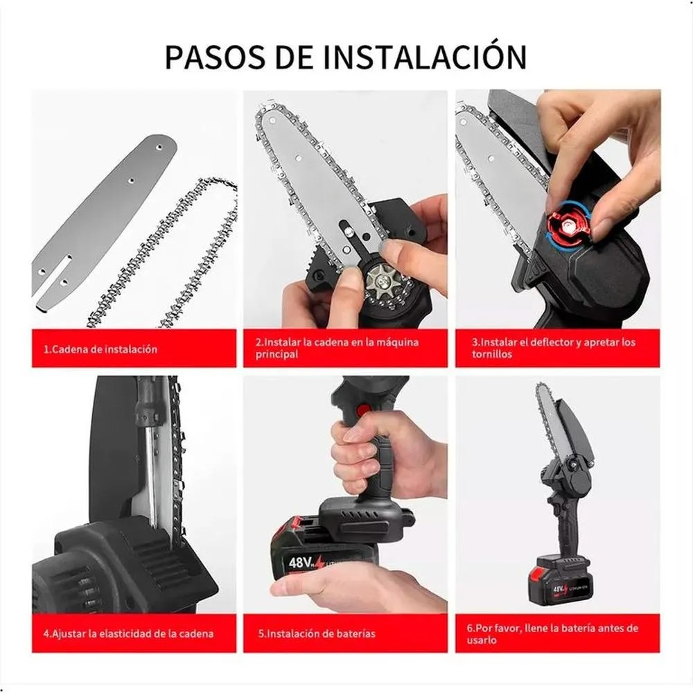MINISIERRA A CADENA RECARGABLE INALAMBRICA DOBLE BATERIA 48V COLOR NEGRO - 4