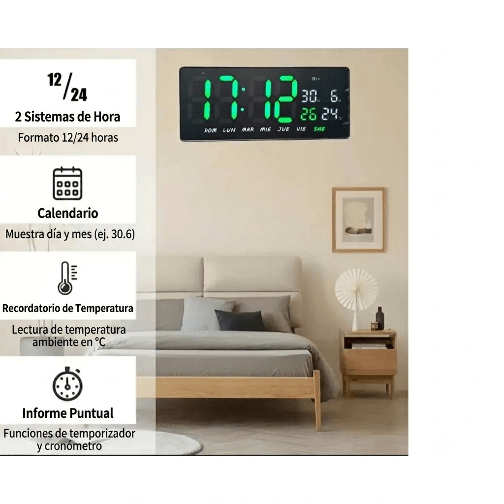 RELOJ DIGITAL LED DE PARED JH-3604 CON TEMPERATURA, CALENDARIO Y ALARMA - 4