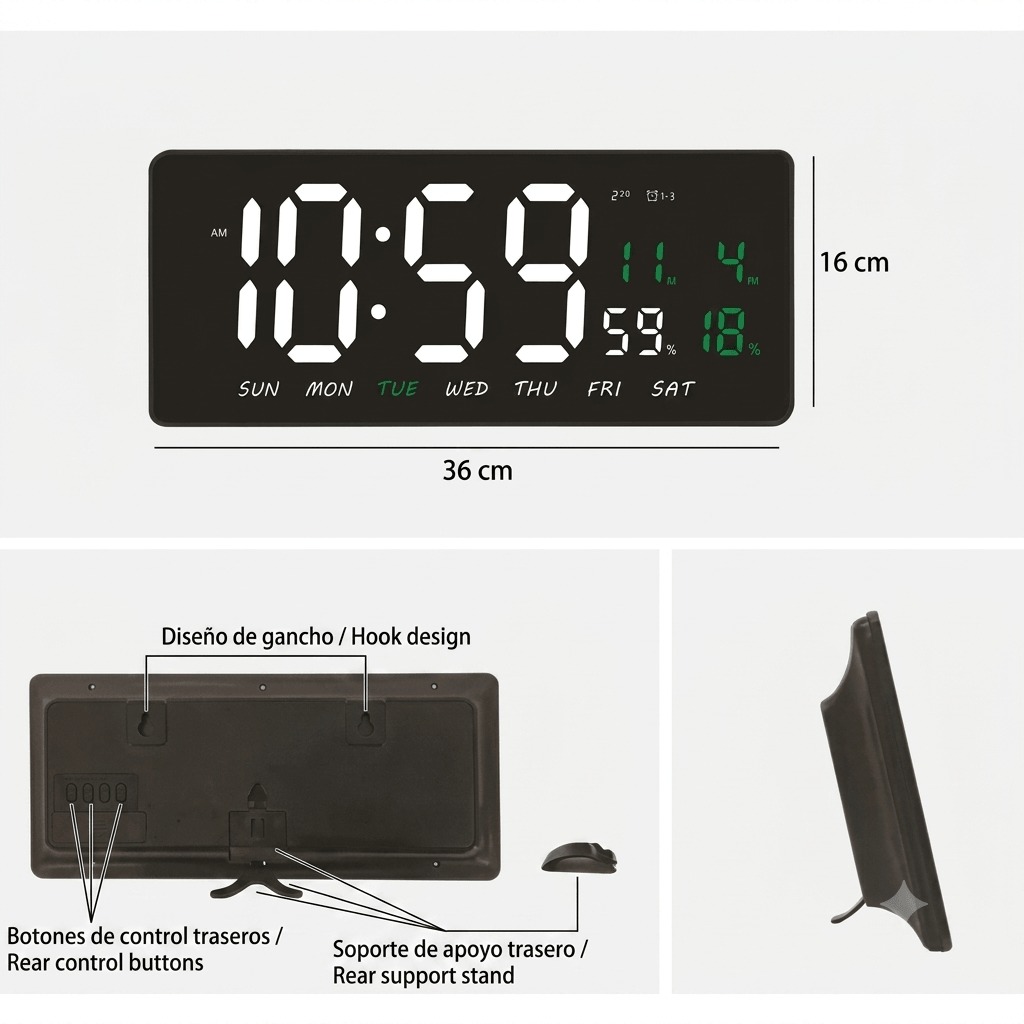 RELOJ DIGITAL LED DE PARED JH-3604 CON TEMPERATURA, CALENDARIO Y ALARMA - 5