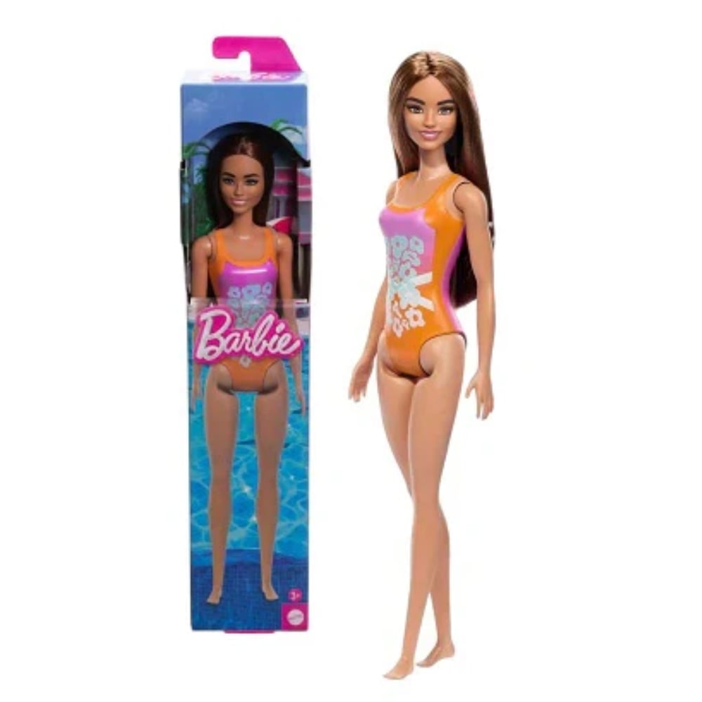 MATTEL BARBIE MUÑECA PLAYA TRAJE BAÑO NARANJA - 1