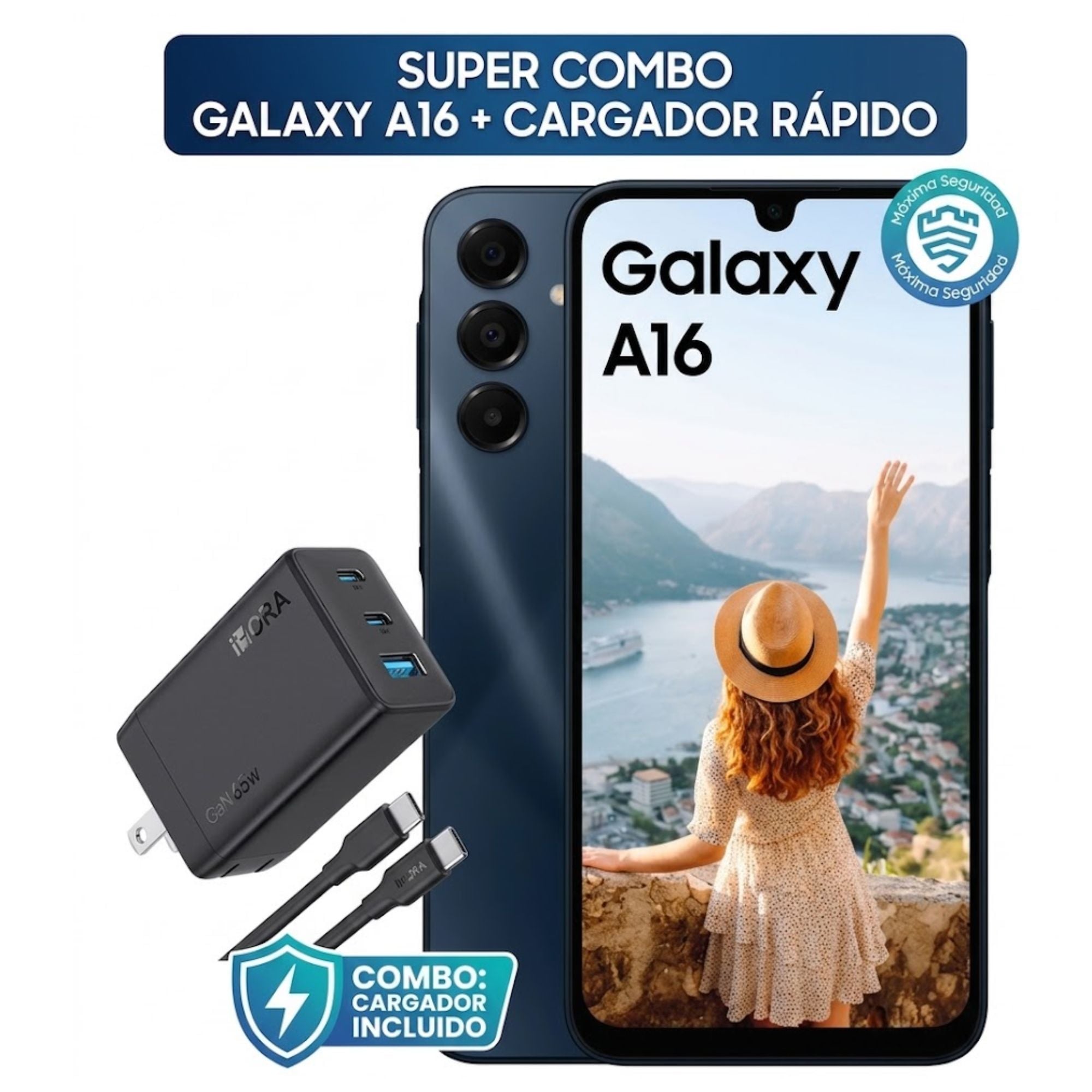 CELULAR SAMSUNG GALAXY A16 128 GB 4 GB RAM NEGRO + CARGADOR RÁPIDO TIPO C 65W GAR322 1HORA - 1