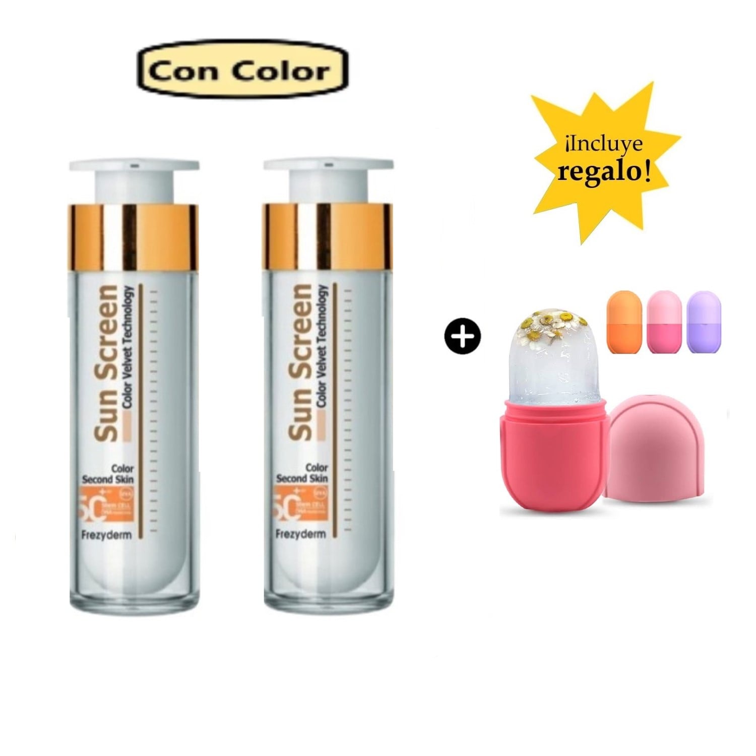 PACK X2 FREZYDERM FOTOPROTECTOR SUN SCREEN 50ML CON COLOR + RODILLO FACIAL HIELO PARA ROSTRO DE REGALO - 1