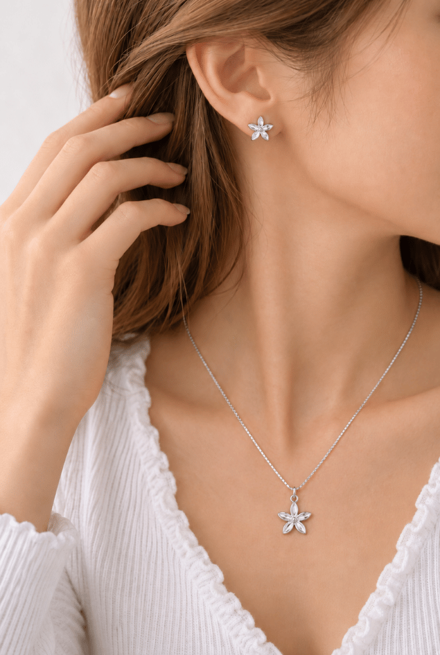 SET (COLLAR Y ARETES) FLOR MUJER PLATA 925 - 1