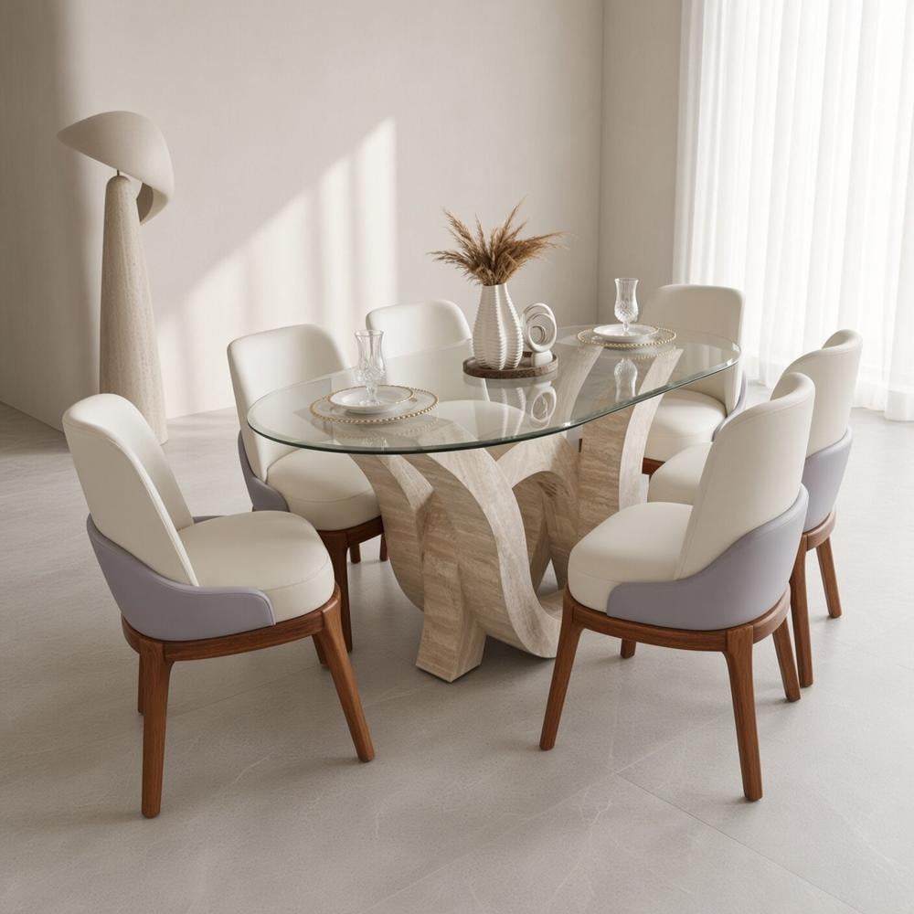 JUEGO DE COMEDOR CARRARA ESCULTURAL 6 SILLAS TIPO BUTACA CON TABLERO DE VIDRIO TU MESITA - 1