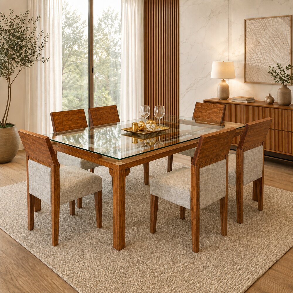 JUEGO DE COMEDOR ÁMBAR CLÁSICO 6 SILLAS EN MADERA CON TABLERO DE VIDRIO TU MESITA - 1