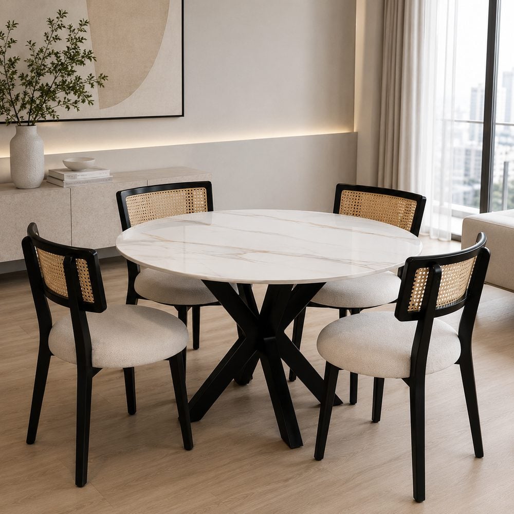 JUEGO DE COMEDOR MADERA Y PIEDRA SINTERIZADA 4 SILLAS CON RATÁN - 1