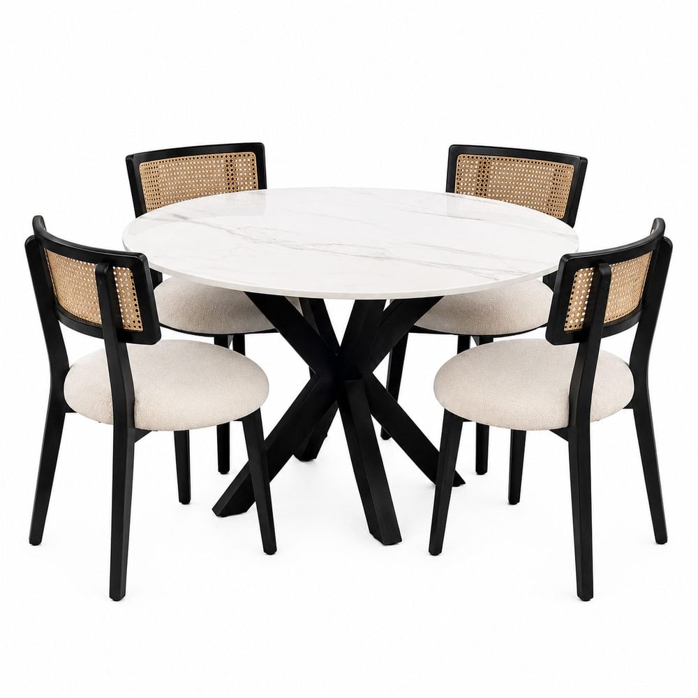 JUEGO DE COMEDOR MADERA Y PIEDRA SINTERIZADA 4 SILLAS CON RATÁN - 2