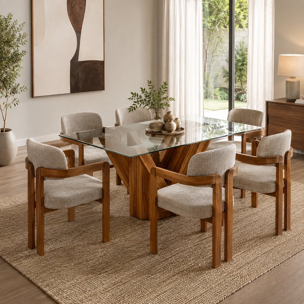 JUEGO DE COMEDOR TOSCANA CONTEMPORÁNEO 6 SILLAS TIPO BUTACA CON TABLERO DE VIDRIO TU MESITA - 1