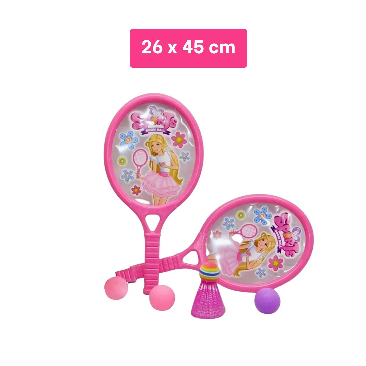 PACK2 JUEGO DE RAQUETAS Y DOS PELOTAS CON CUERDA ROSADO PARA FIESTA DE NIÑOS - 4