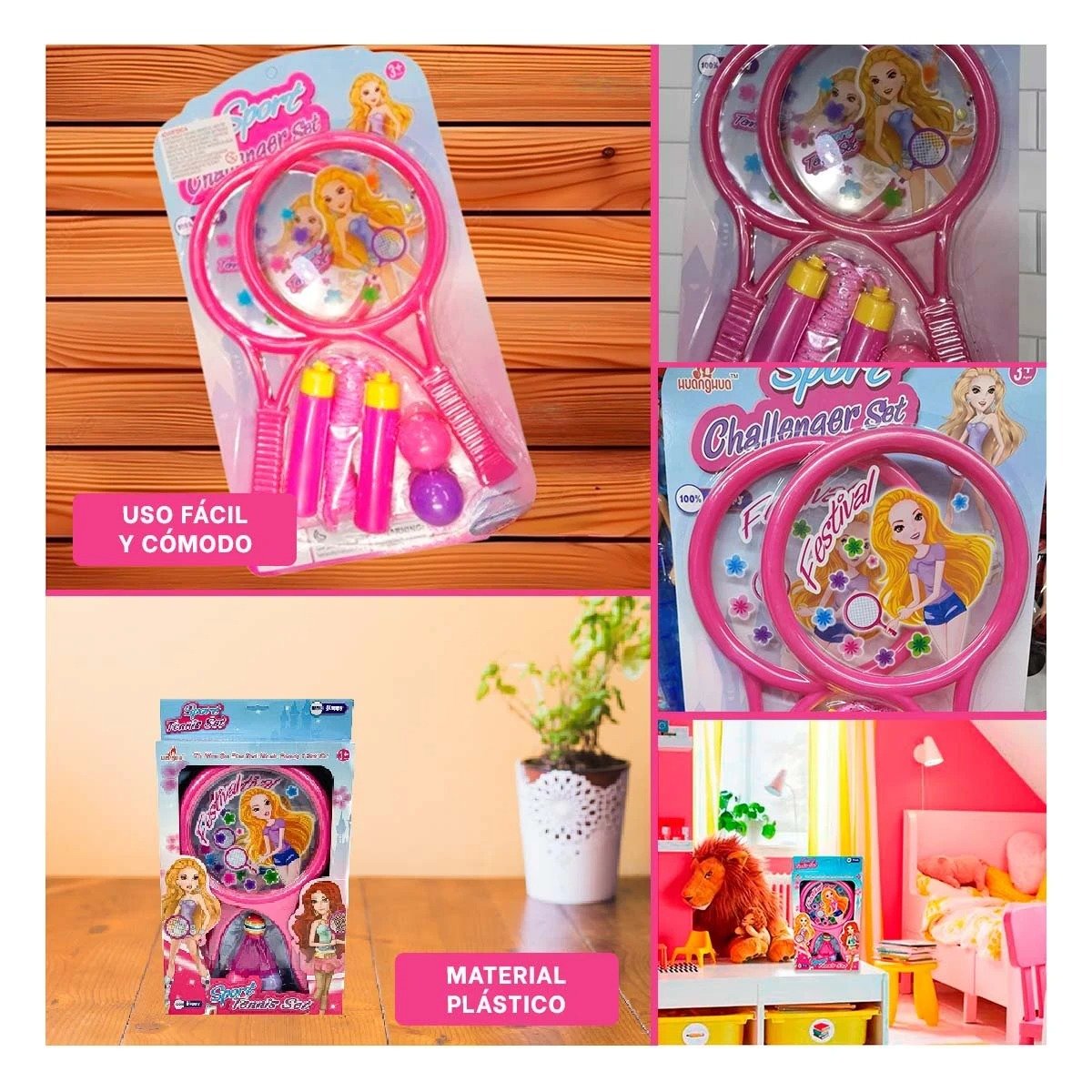 JUGUETE RAQUETAS Y DOS PELOTAS CON CUERDA ROSADO PARA REGALO INFANTIL YSTICKY - 3