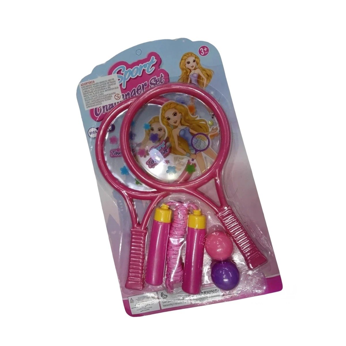JUGUETE RAQUETAS Y DOS PELOTAS CON CUERDA ROSADO PARA DIVERSION YREGALO STICKER - 2