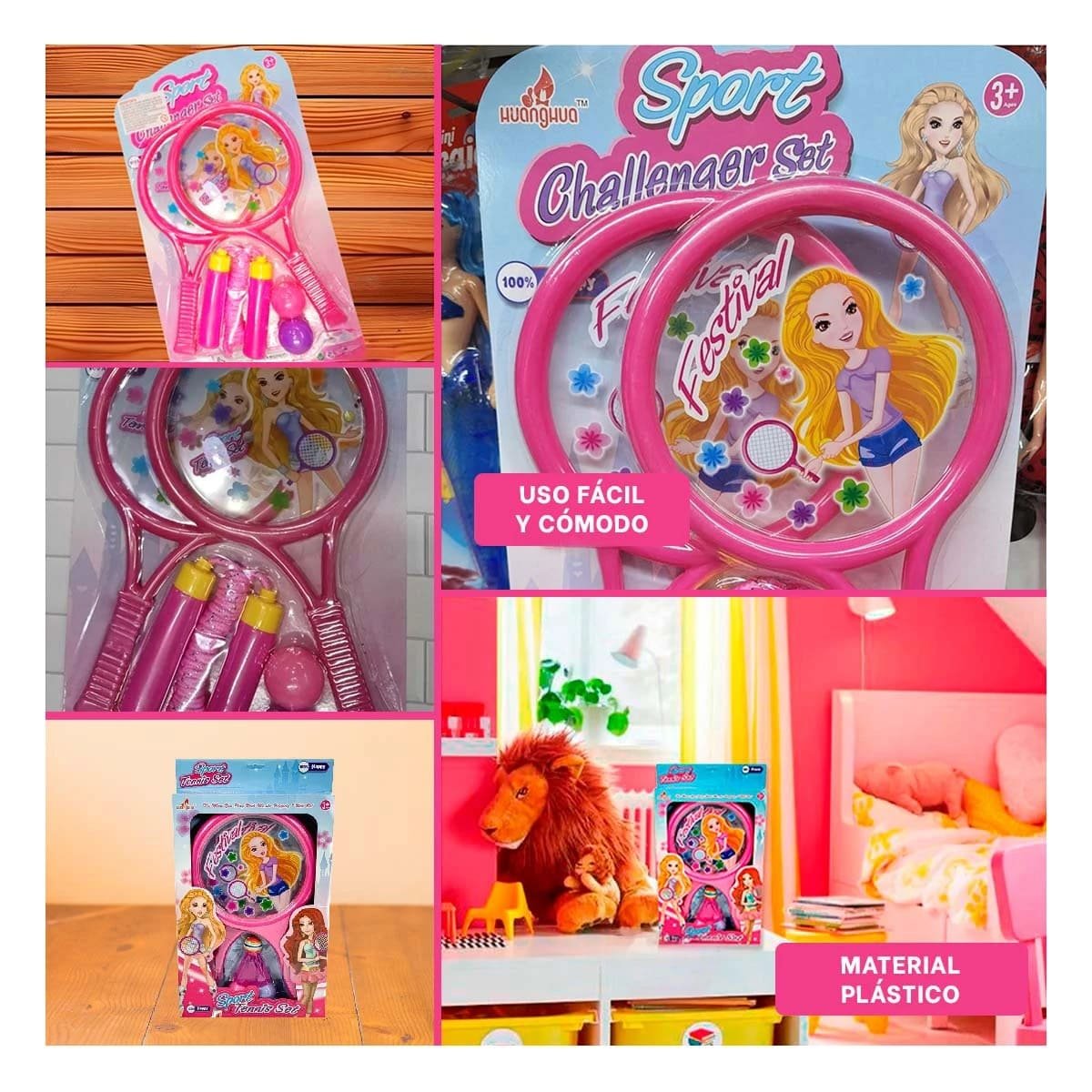 JUGUETE RAQUETAS Y DOS PELOTAS CON CUERDA ROSADO PARA DIVERSION YREGALO STICKER - 3