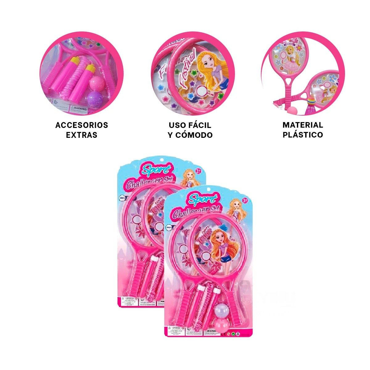 RAQUETAS Y DOS PELOTAS CON CUERDA ROSADO PARA DIVERSION INFANTIL - 2